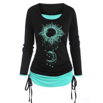Sun Moon Print Cinched Ruched Long Sleeves 2 in 1 T Shirt