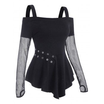 

Fishnet Insert Cold Shoulder Grommet T Shirt with Thumb Hole, Black