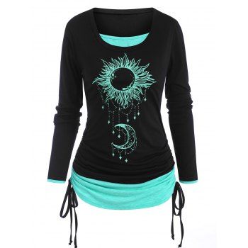 

Sun Moon Print Cinched Ruched Long Sleeves 2 in 1 T Shirt, Black