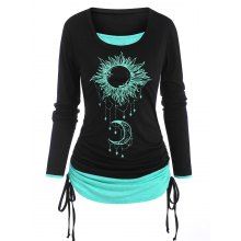 dresslily Sun Moon Print Cinched Ruched Long Sleeves 2 in 1 T Shirt