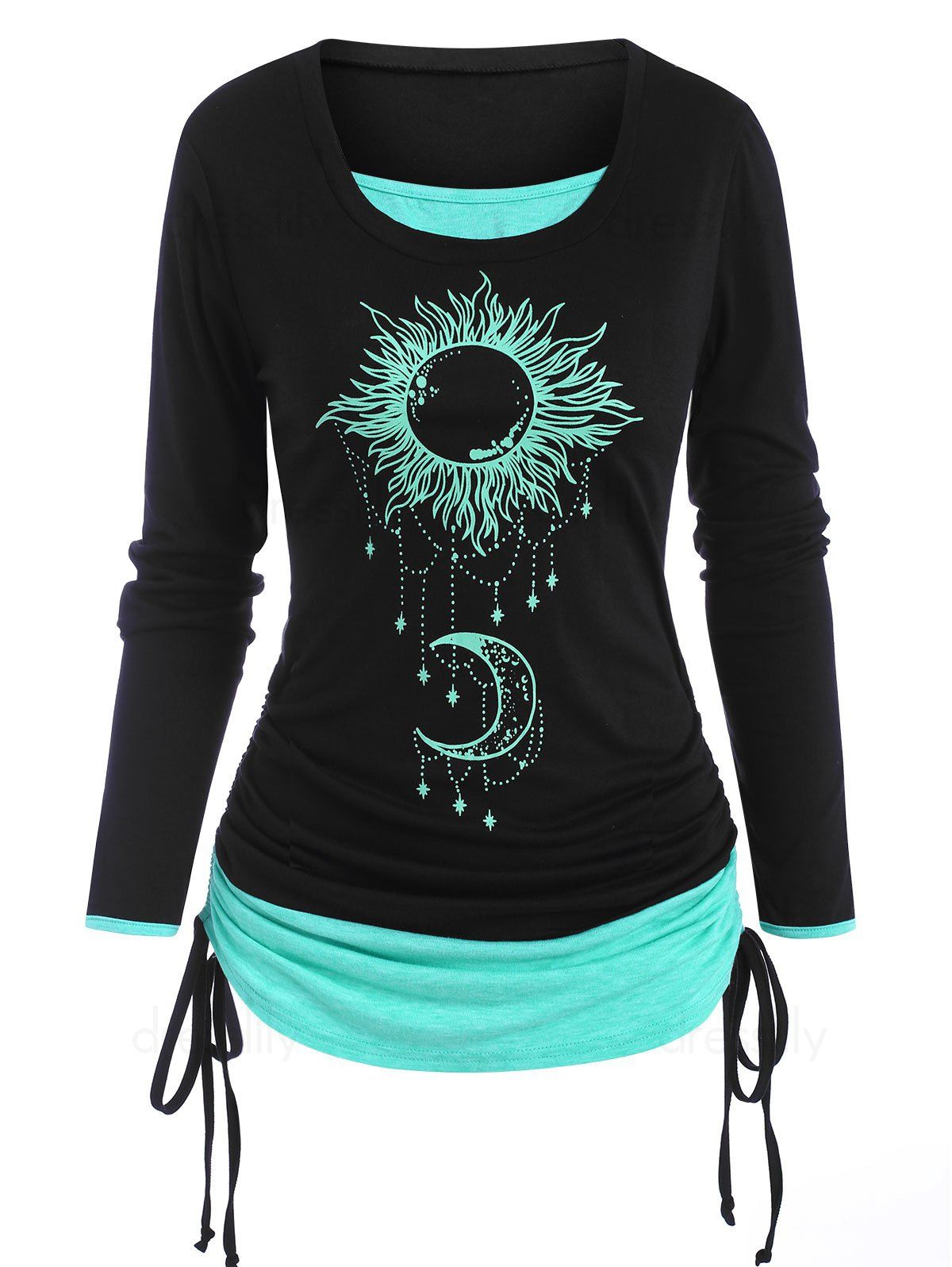 Sun Moon Print Cinched Ruched Long Sleeves 2 in 1 T Shirt - BLACK M