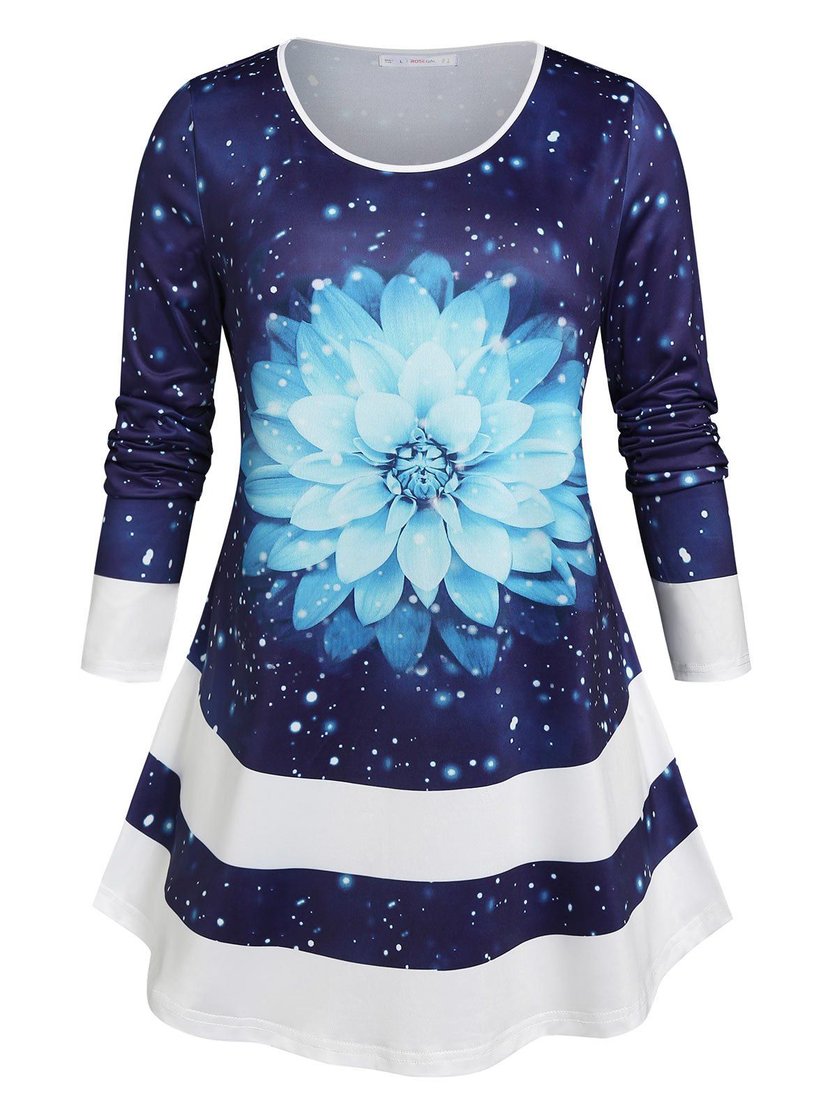 T-Shirt Tunique à Imprimé Galaxie et Fleurs Grande-Taille - Bleu profond 2X