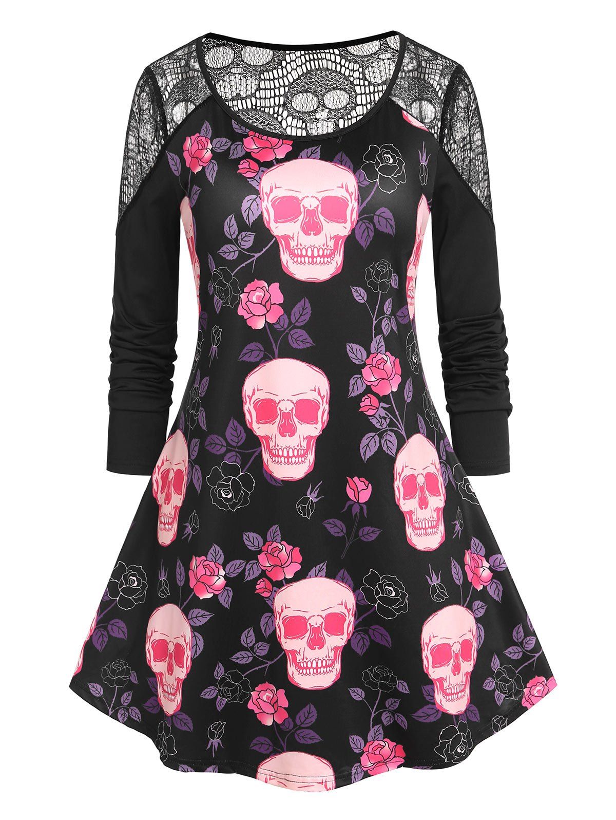 Plus Size Skull Print Lace Panel Halloween T-shirt - BLACK 2X