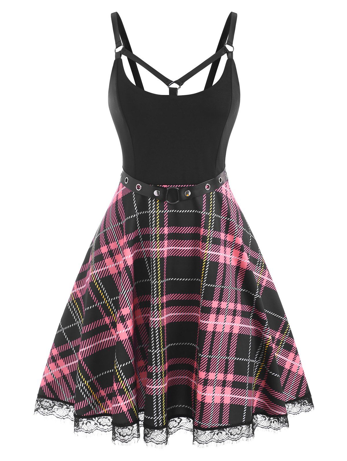 Plaid Lace Insert Belted Strappy Dress - LIGHT PINK M