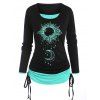 Sun Moon Print Cinched Ruched Long Sleeves 2 in 1 T Shirt