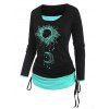 Sun Moon Print Cinched Ruched Long Sleeves 2 in 1 T Shirt - BLACK M