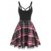 Plaid Lace Insert Belted Strappy Dress - LIGHT PINK XXL