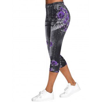 

Flower 3D Print Crop Jeggings, Dark gray