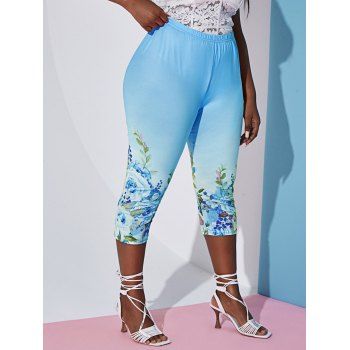 

Plus Size Floral Print Ombre Color Capri Leggings, Light blue
