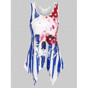 

American Flag Skull Print Lace Insert Handkerchief Tank Top, Blue