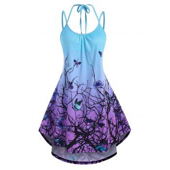 

Summer Ombre Bohemian Flower Butterfly Print High Low Dress, Purple