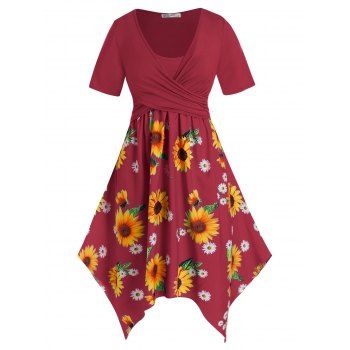 

Plus Size Sunflower Crossover Hanky Hem Casual Dress, Deep red