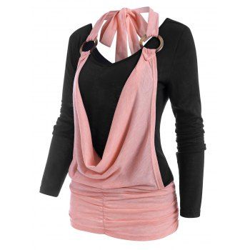 

Colorblock Cowl Front O Ring Ruched T Shirt, Light pink