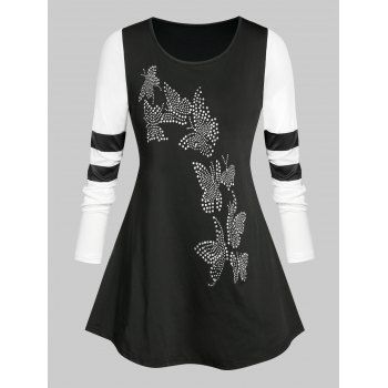 

Plus Size Colorblock Rhinestone Butterfly Pattern T-shirt, Black