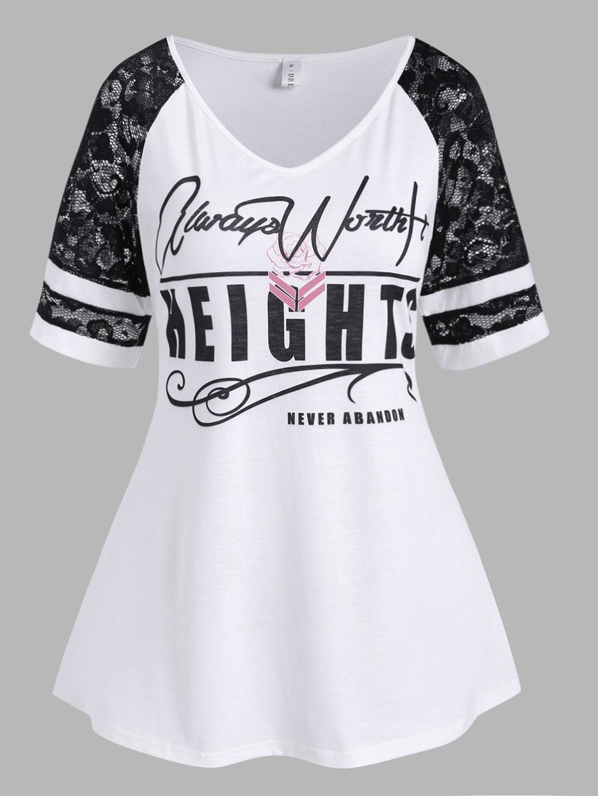 Lace Raglan Sleeve Slogan Print T Shirt - WHITE L