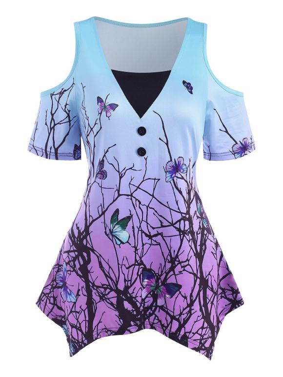 T-shirt Mouchoir Ombré à Imprimé Papillon et Branche à Epaule Dénudée - multicolor XL