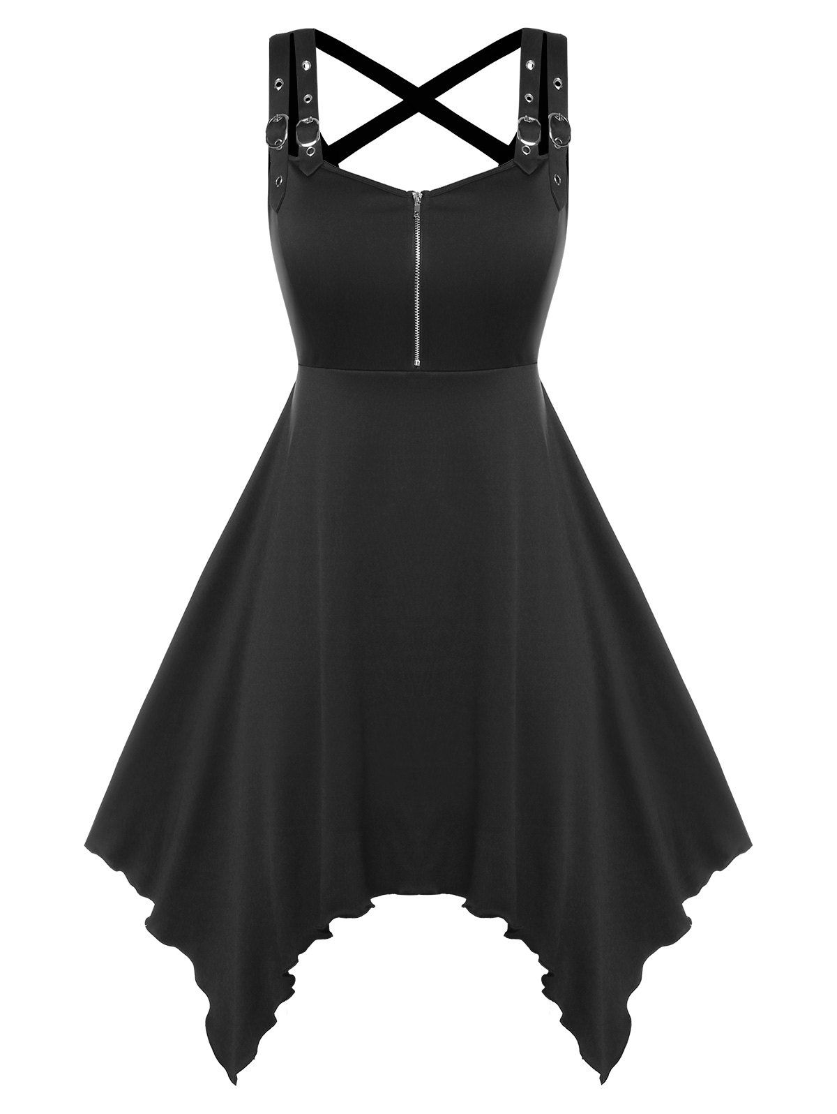 Plus Size Gothic Buckle Straps Handkerchief Dress - BLACK L
