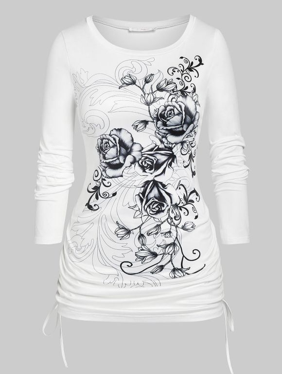 T-shirt Sanglé Fleuri Imprimé de Grande Taille - Blanc 5X
