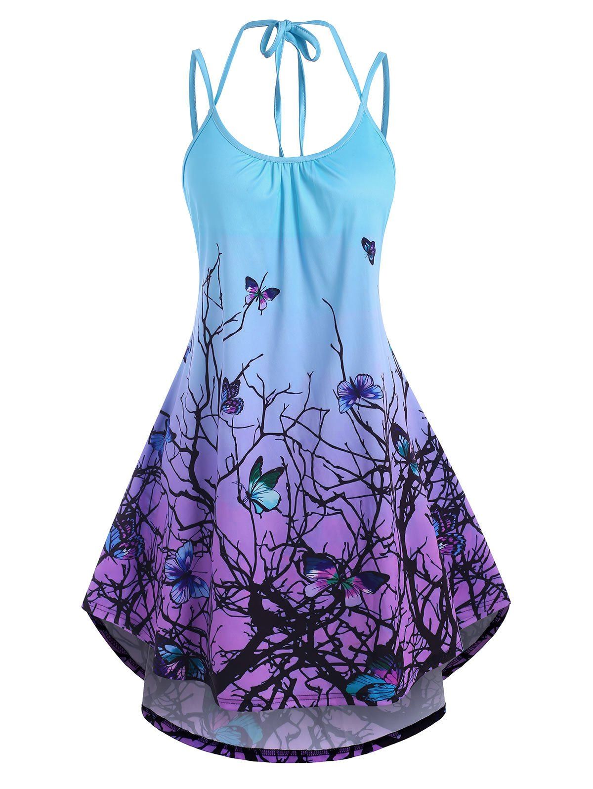 Summer Ombre Bohemian Flower Butterfly Print High Low Dress - PURPLE M