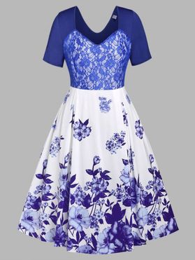 Plus Size Floral Print Lace Panel Midi Dress