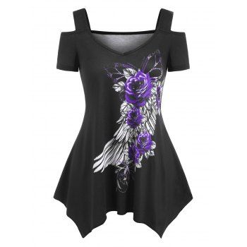 

Flower Feather Print Cold Shoulder Handkerchief T Shirt, Purple