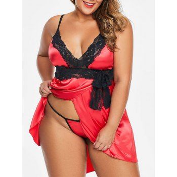 

Scalloped Lace Panel Satin Bowknot T-Back Plus Size Babydoll, Red