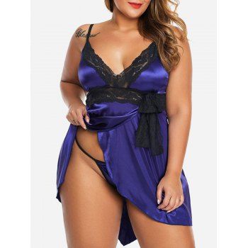 

Scalloped Lace Panel Satin Bowknot T-Back Plus Size Babydoll, Blue