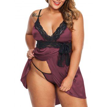 

Scalloped Lace Panel Satin Bowknot T-Back Plus Size Babydoll, Concord