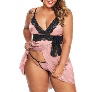 

Scalloped Lace Panel Satin Bowknot T-Back Plus Size Babydoll, Light pink