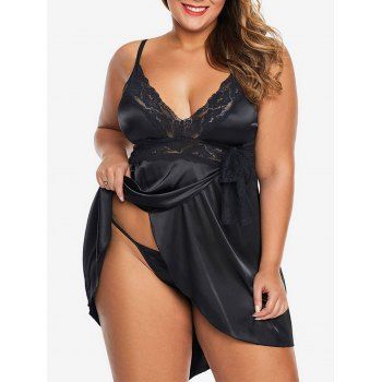 

Scalloped Lace Panel Satin Bowknot T-Back Plus Size Babydoll, Black