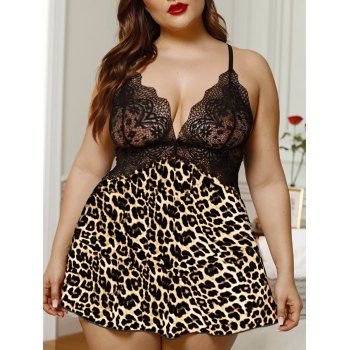 

Plaid Floral Leopard Lace Panel Criss Cross Plus Size Babydoll, Coffee