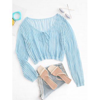 

Plus Size Openwork Tie Front Cardigan, Light blue