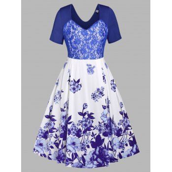 

Plus Size Floral Print Lace Panel Midi Dress, Blue