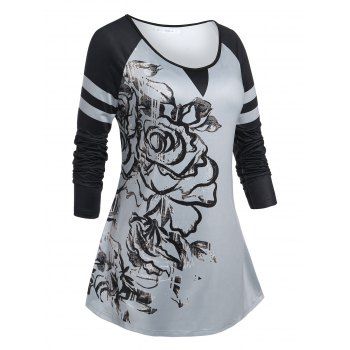 

Plus Size Flower Print Raglan Sleeve T Shirt, Light gray
