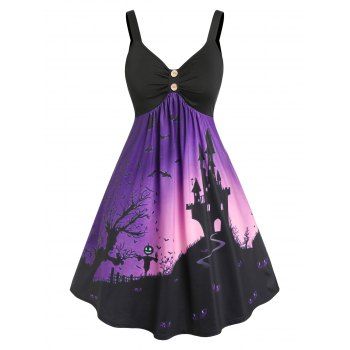 

Plus Size Halloween Bat Pumpkin Print Sleeveless Dress, Black