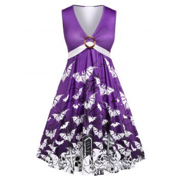 

Plus Size Plunge Bat Skull Print Halloween Dress, Purple
