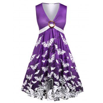 Plus Size Plunge Bat Skull Print Halloween Dress, DRESSLILY  - buy with discount