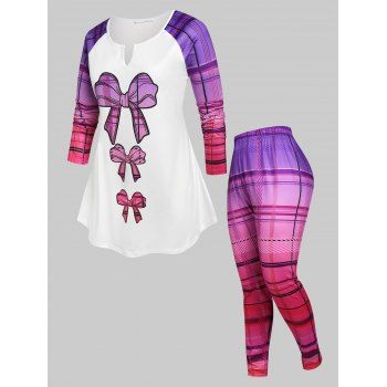 

Plus Size Bowknot Print Plaid Raglan Sleeve Pajamas Set, Multicolor