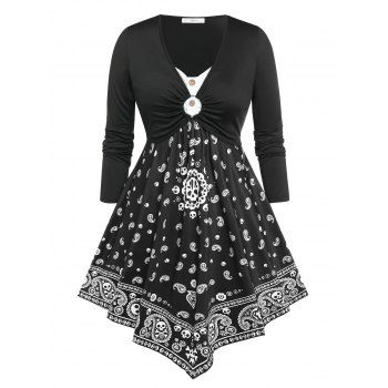 

Plus Size Paisley Print O Ring Irregular Dress, Black