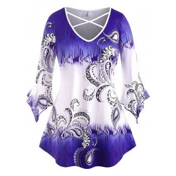 

Paisley Criss Cross Flare Sleeve Plus Size Top, Blue