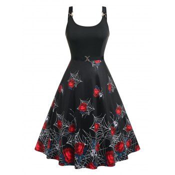 

Plus Size Rose Spider Web Print Halloween Dress, Black