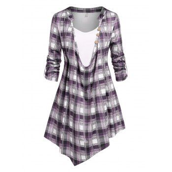 

Plus Size Roll Up Sleeve Plaid Cowl Front Tee, Light purple