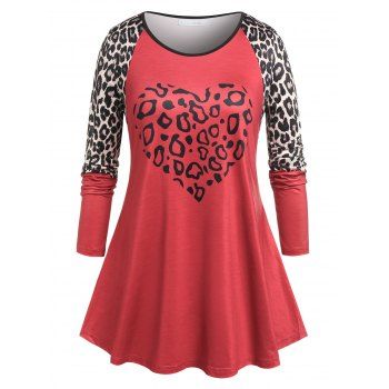 

Plus Size Leopard Print Heart Pattern Raglan Sleeve Tee, Red
