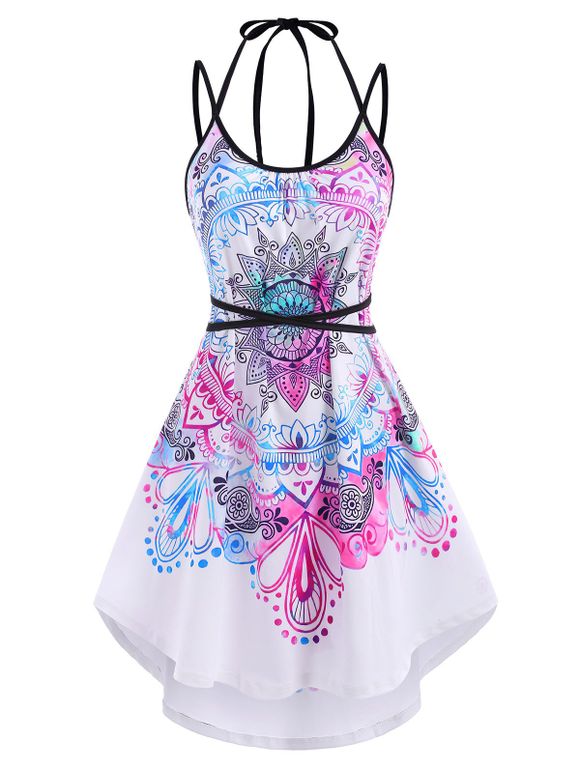 Robe d'Eté Haute Basse Ombrée à Imprimé Fleur et Papillon Style Bohémien - multicolor M