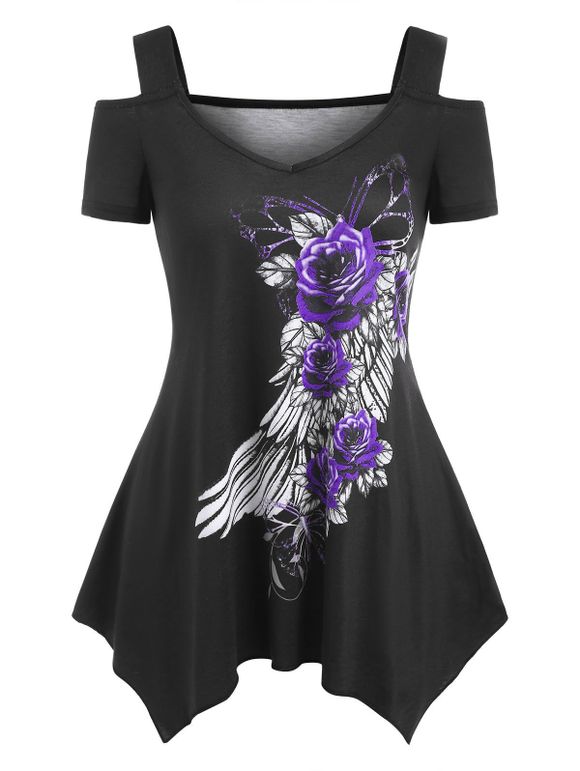 T-shirt Mouchoir à Imprimé Fleur et Plume c Epaule Dénudée - Pourpre XL
