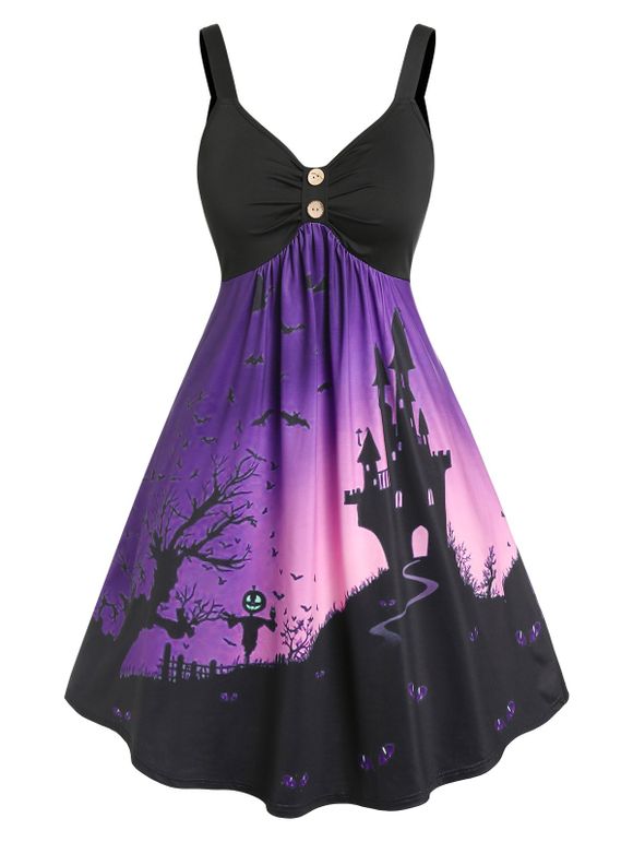 Plus Size Halloween Bat Pumpkin Print Sleeveless Dress - BLACK 1X