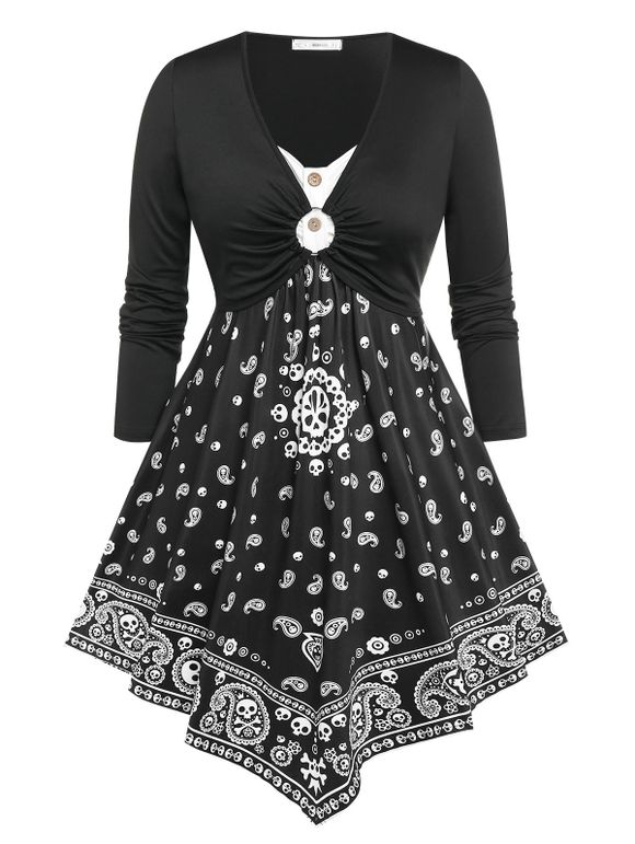 Plus Size Paisley Print O Ring Irregular Dress - BLACK 1X