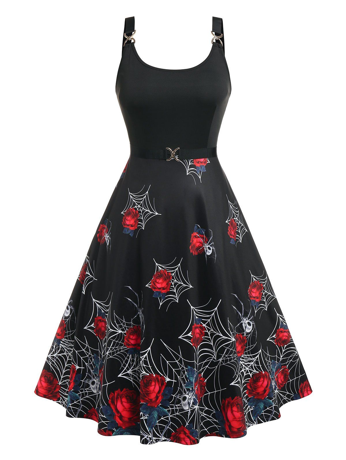 Plus Size Rose Spider Web Print Halloween Dress - BLACK 2X