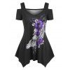 T-shirt Mouchoir à Imprimé Fleur et Plume c Epaule Dénudée - Pourpre L