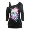 T-shirt D'Halloween à Imprimé Crâne de Grande Taille à Epaule Dénudée - Noir 1X
